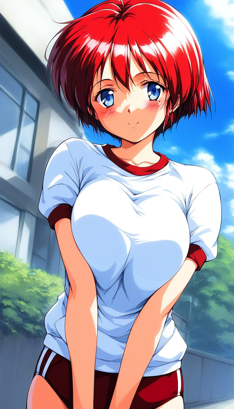 score_9, score_8_up, score_7_up, source_anime, rating_explicit, BREAK  <lora:Hinomoto_Hikari_XL:1> Hinomoto_Hikari, solo, red hair, short hair, blue eyes, breasts, bangs
gym uniform,white shirt, red buruma, v arms, 
blush,looking at viewer, 
outdoor, day, sky,
cowboy_Shot,
