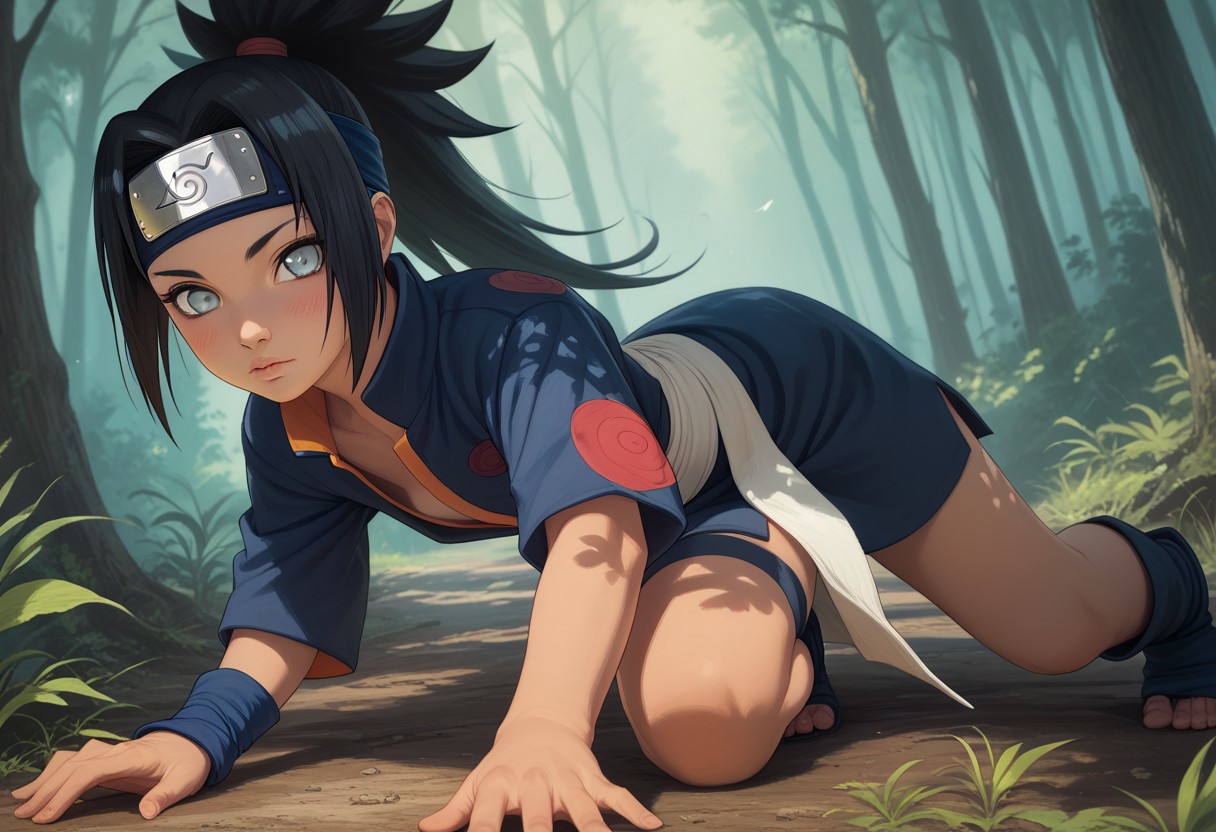 (((full body))), (realistic smooth and soft), looking at viewer, score_9, score_8_up, score_7_up, score_6_up, score_5_up, score_4_up, [shortstack], (height difference), cute, petite, (skinny), shortstack, 2D, anime style, 1 girl, black hair, fringe, solo, ice blue eyes, asian eyes, very small breasts, small natural breasts, small round ass, slim, nice lips, slightly tanned skin, pin-up pose, dynamic pose, ponytail, blush, very long hair ,((in a forest, Konoha village, sexy Naruto Uzumaki outfit, Konoha ninja headband around the neck, garter on one leg, a "giant kunai shuriken" in one hand, combat pose)), Details, realistic style photo, very small chest, exceptional style, tall, very cute, young. Use soft lighting to cast soft shadows on the subject, adding a touch of dimension to your images without compromising detail, score_9, score_8_up, score_7_up, blush, 2k revolution ncpy13 style, pastels drawing