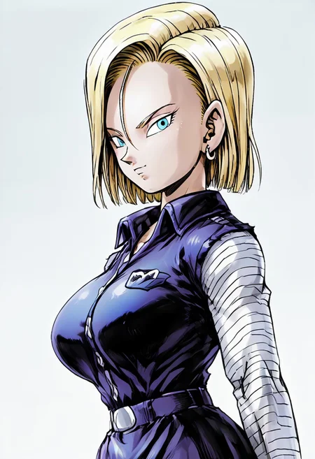 (zPDXL3),
(zPDXLxxx),
1girl, 
solo, 
android_18, 
large breasts, 
adr18k1ck1x, 
cyborgc18dbz, 
blonde hair, blue eyes, short hair, earrings, 
striped sleeves,skirt,denim jacket,black shirt,
bust up, 
side view,