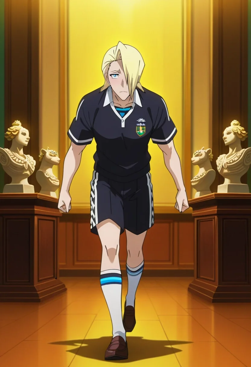 masterpiece, best quality, , anime screencap, anime coloring, official style, looking at viewer, 1boy, solo, male focus, <lora:izuru_kira_ilxl:0.98>, izuru_kira, blonde hair, blue eyes, short hair, hair over one eye, black kimono, renaissance workshop, scattered canvases, glowing paintbrushes, intricate sculptures, painting pose, inspired expression, soft lighting, Chevron Teal Muslin Running shorts, Leopard print Cashmere Rugby shirt, Loafers, ,