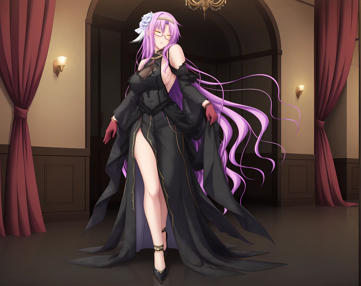 <lora:Feruano:1>,feruano,purple hair,hair between eyes,very long hair,large breasts,yellow eyes,glowing eyes,dark room,ballroom,evening gown,seductive smile,cross-laced slit,see-through cleavage,side slit,panty straps,long legs,high heels,standing,eyes visible through eyewear,, masterpiece,best quality,amazing quality, very aesthetic, absurdres,detailed eyes,ultra-detailed,