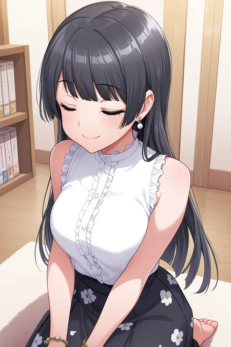 masterpiece, best quality, amazing quality,
<lora:Rei_IL:1> rei, 1girl, solo, black hair, jewelry, skirt, long hair, bracelet, closed eyes, sitting, smile, sleeveless, shirt, earrings, seiza, white shirt, sleeveless shirt, indoors, casual