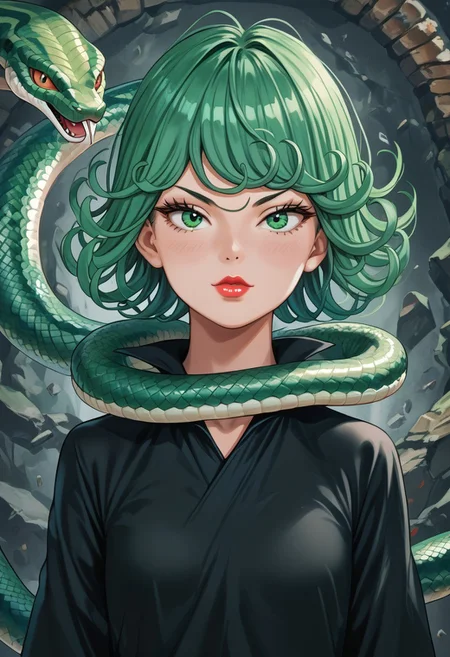 score_9,score_8_up,score_7_up,score_6_up,score_5_up,source_anime,1girl, 1girl, tatsumaki, green eyes, saitama outfit, shortstack, looking at viewer, bald girl, 19yo, lipstick , flirty, snake, snake on shoulders, upper body view,