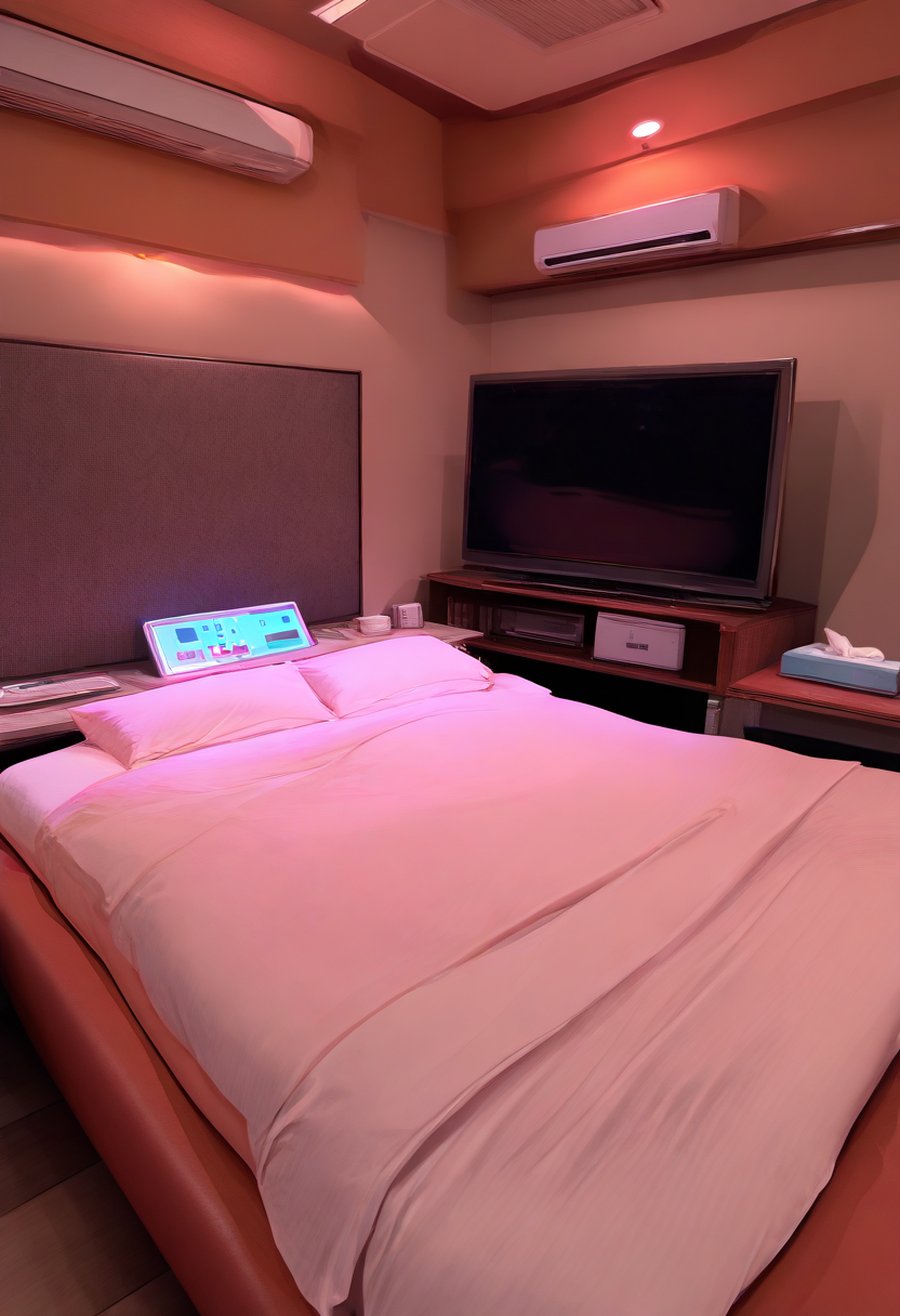 lovehotel, scenery, indoors, table, couch, television, bed, pillow, blanket, LHbedpanel, phone, tissue box, 
masterpiece, best quality, amazing quality, very aesthetic, absurdres, newest,
<lora:lovehotel_Illustrious_V1P:1>