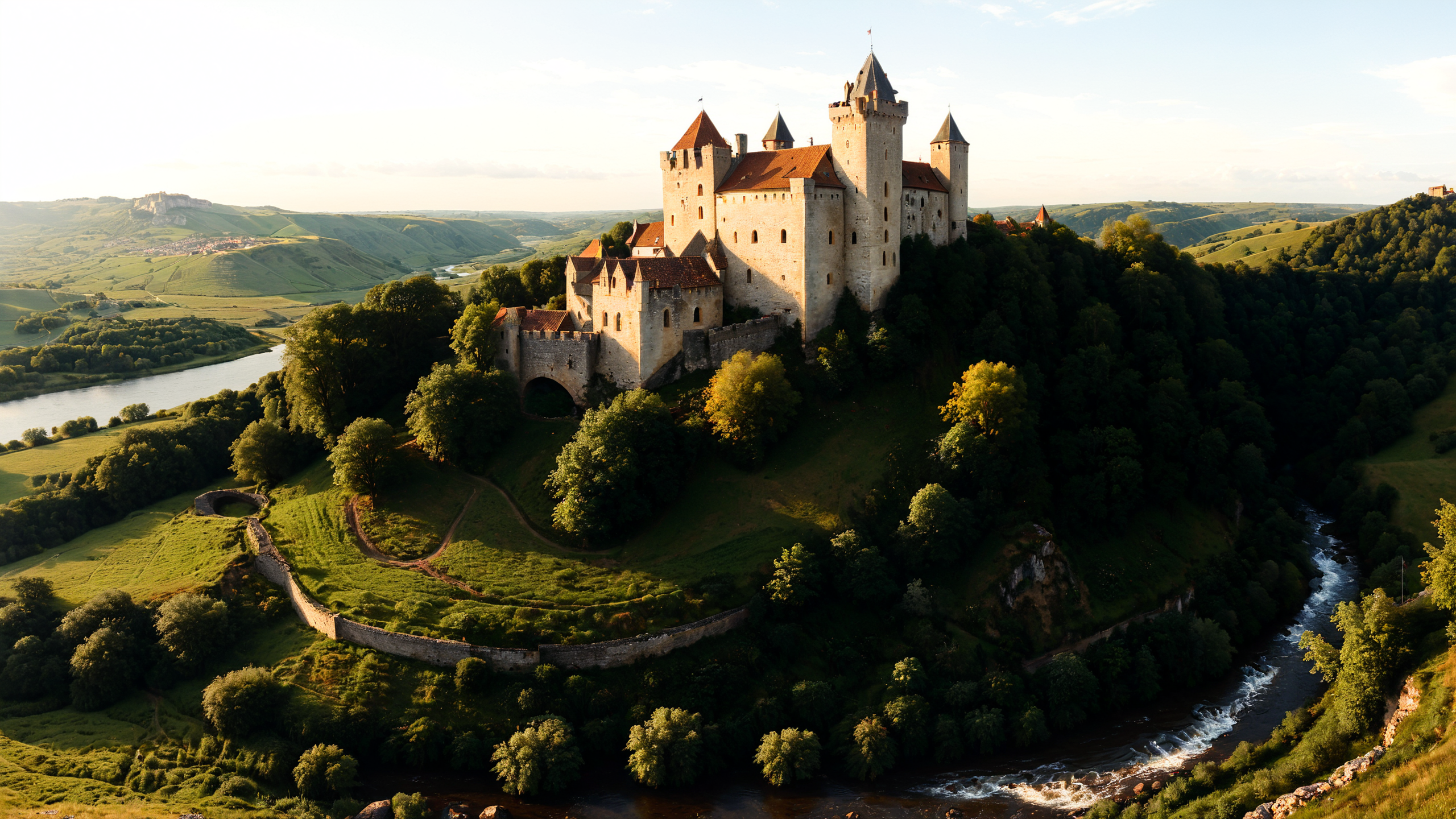 A medieval castle on a hill, its ramparts providing panoramic views of a meandering river and lush green valleys,  <lora:xl_more_art-full_v1:0.8>, Hard Lighting,  <lora:EnvyFeverDreamXL01a:0.7>,   <lora:The_Classic:0.8>