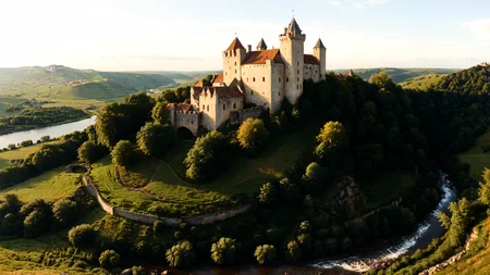 A medieval castle on a hill, its ramparts providing panoramic views of a meandering river and lush green valleys,  <lora:xl_more_art-full_v1:0.8>, Hard Lighting,  <lora:EnvyFeverDreamXL01a:0.7>,   <lora:The_Classic:0.8>