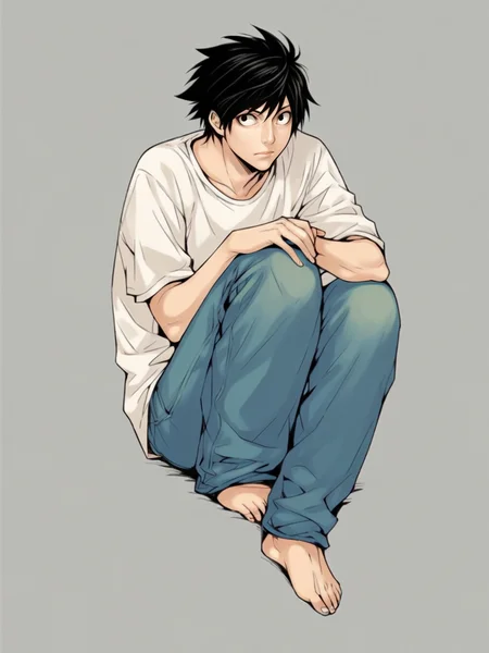 score_9, score_8_up, score_7_up, score_6_up, score_5_up, <lora:d34thn0t3XLP:1> d34thn0t3, 1boy, L, jeans, barefoot, black hair, solo