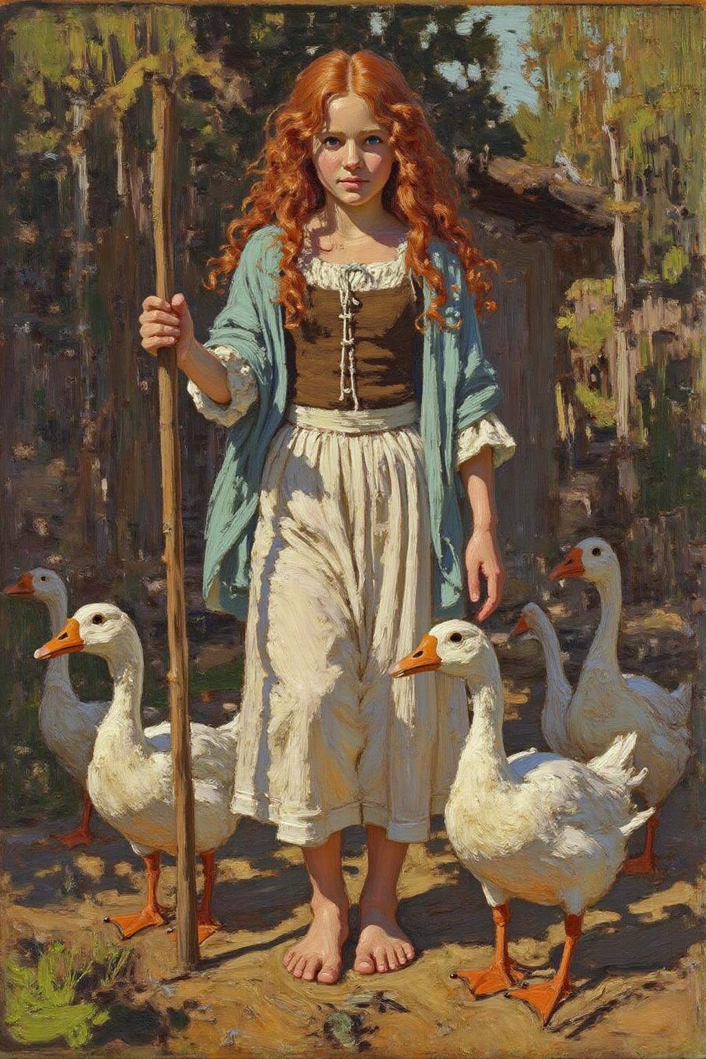 tomthom1 painting. 
The scene depicts a young girl standing in a rustic, medieval setting. The girl, with long, curly red hair, is dressed in a traditional peasant outfit consisting of a long, flowing white dress with a brown bodice, a light blue shawl draped over her shoulders, and bare feet. She carries a wooden shepherd's crook in her right hand. 
There is a flock of geese walking in front of her  <lora:tomthom1_cap_d6a3:1.0><lora:815468548668339730:0>