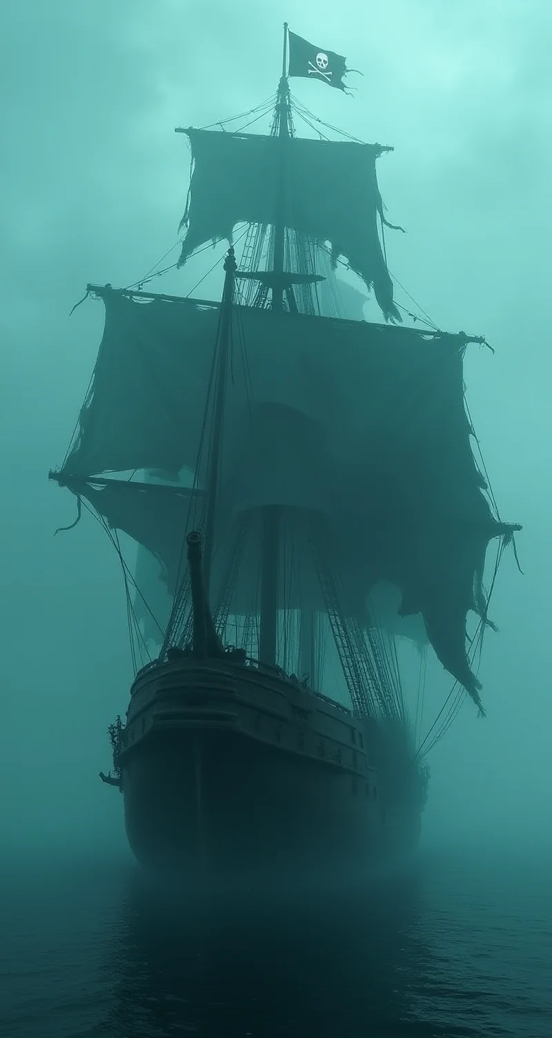 masterpiece, a pirate ghost ship, tattered rigging, tattered black sails, jolly roger flag, materialises from the mist, HD32K, wallpaper, hyperdetailed, mythp0rt, ArsGreenMistWorld, ArsMJStyle, dnddarkestfantasy