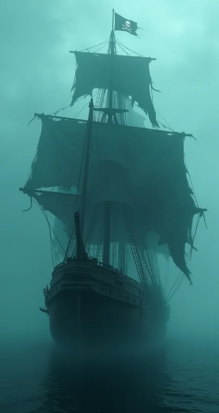 masterpiece, a pirate ghost ship, tattered rigging, tattered black sails, jolly roger flag, materialises from the mist, HD32K, wallpaper, hyperdetailed, mythp0rt, ArsGreenMistWorld, ArsMJStyle, dnddarkestfantasy