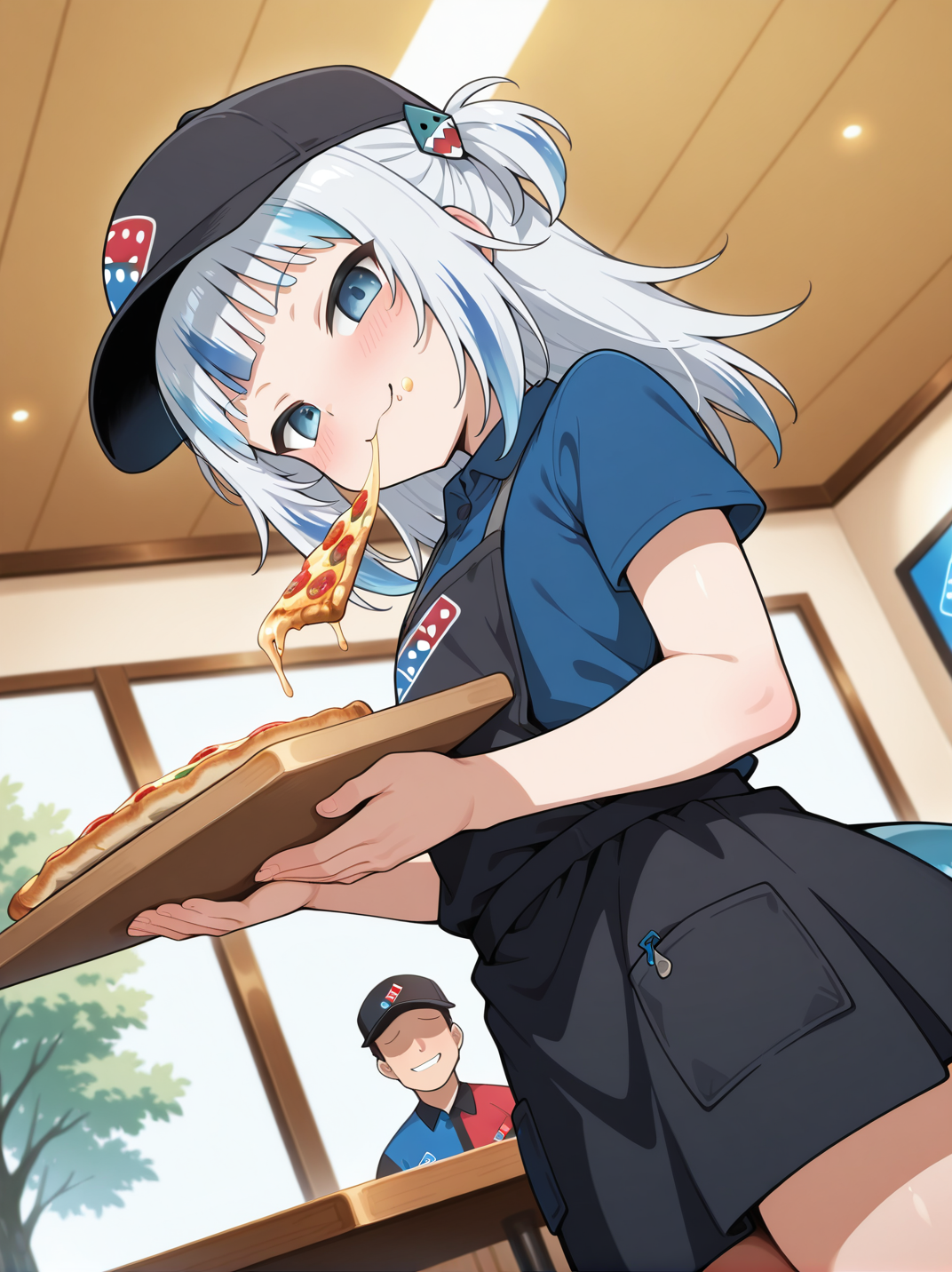 highres, hi res, best quality, masterpiece,, anime coloring,
1girl, (gawr gura:1.1), flat chest, Dominos Uniform, employee uniform, black headwear, blue shirt, collared shirt, short sleeves, black skirt, blush, evil smile, eating pizza, 
light smile, dutch angle, naughty pose, looking at viewer, restaurant, solo focus, hands holding tray with hot pizza, portrait, dynamic pose, cowboy shot, head tilt,, from below, from side, 
<lora:ATRex_style-15:0.5>, <lora:illustriousXL_stabilizer_v1.7:0.4>,,  <lora:ADominosXL_concept:0.8>
