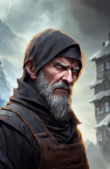 Style by Style-Castle, Style-Winter, award winning portrait photo of an older male medieval peasant, (angry expression:1.2), sinister, evil, (backlighting:1.3), digital painting, concept art, smooth, sharp focus, rule of thirds, dark fantasy,intricate details, art by aleksi briclot, medium shot, (shallow depth of field:1.3)  Style by Style-Castle background,