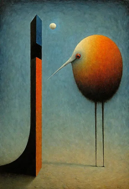 Style by Pawel Kuczynski and Joan Miro and Graham Sutherland, surreal abstract art, nightmare residue of dark shine, abstract shy ibis paradoxes, depth of field, red, orange and blue color palette, unsettling, asymmetric abstractions, expansive, surreal masterpiece, juxtaposition of the uncanny and the banal, sharp focus, smooth, never seen before