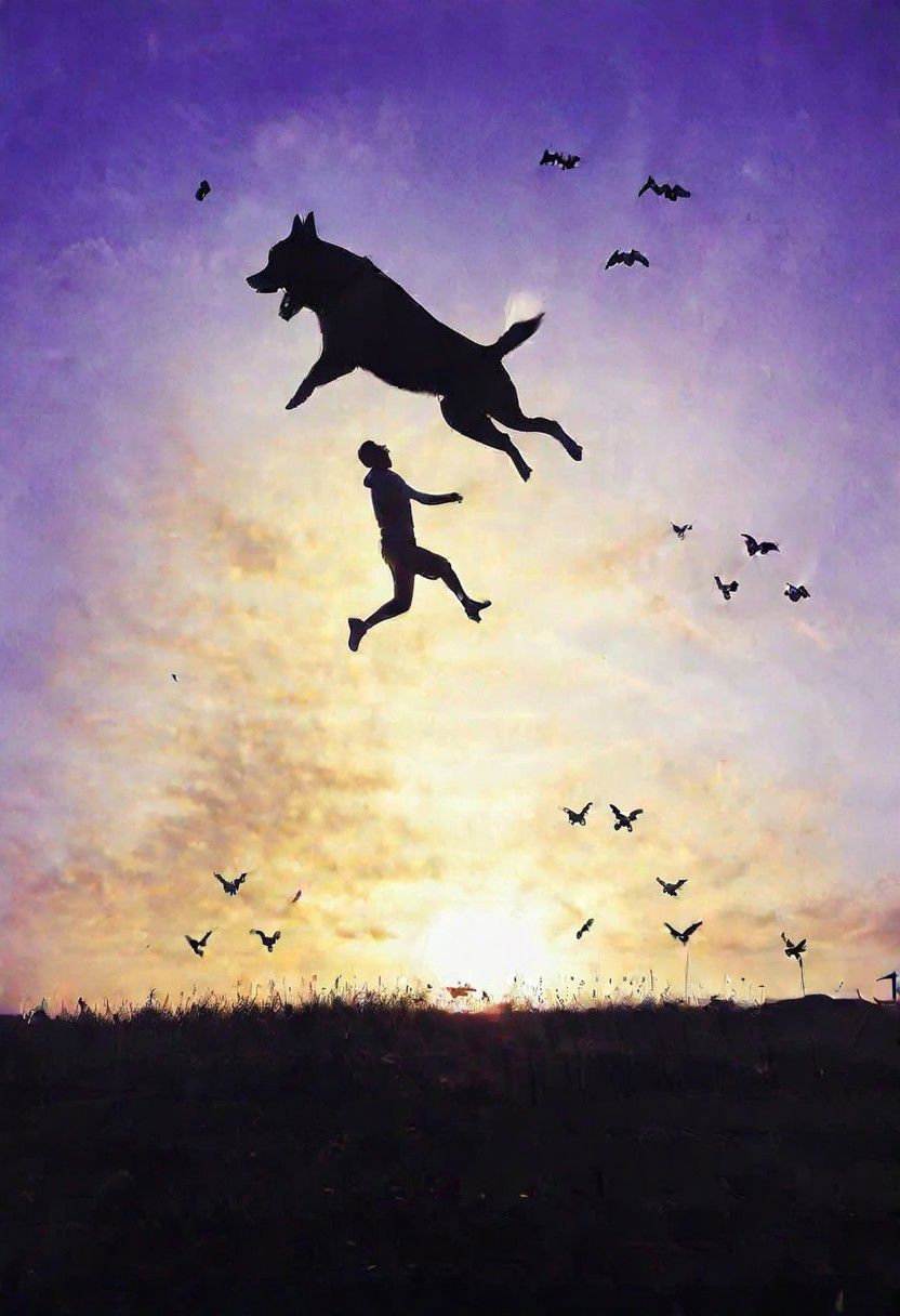 F-B-C, silhouette, foreground: dog head mouth open, background: man jumping, effect: man jumping into the dog's mouth