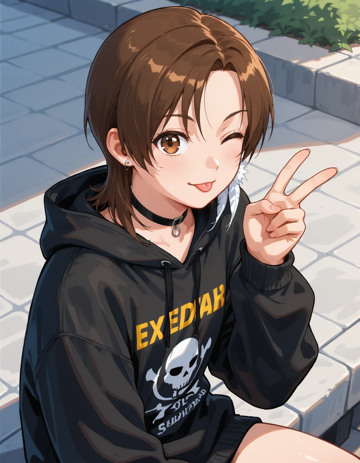 <lora:lisa-exdriver-illustrious-000015:0.8> exdlsa, feather earrings, choker, hoodie, streetwear, wink, :p, v, sidewalk, sitting, upper body