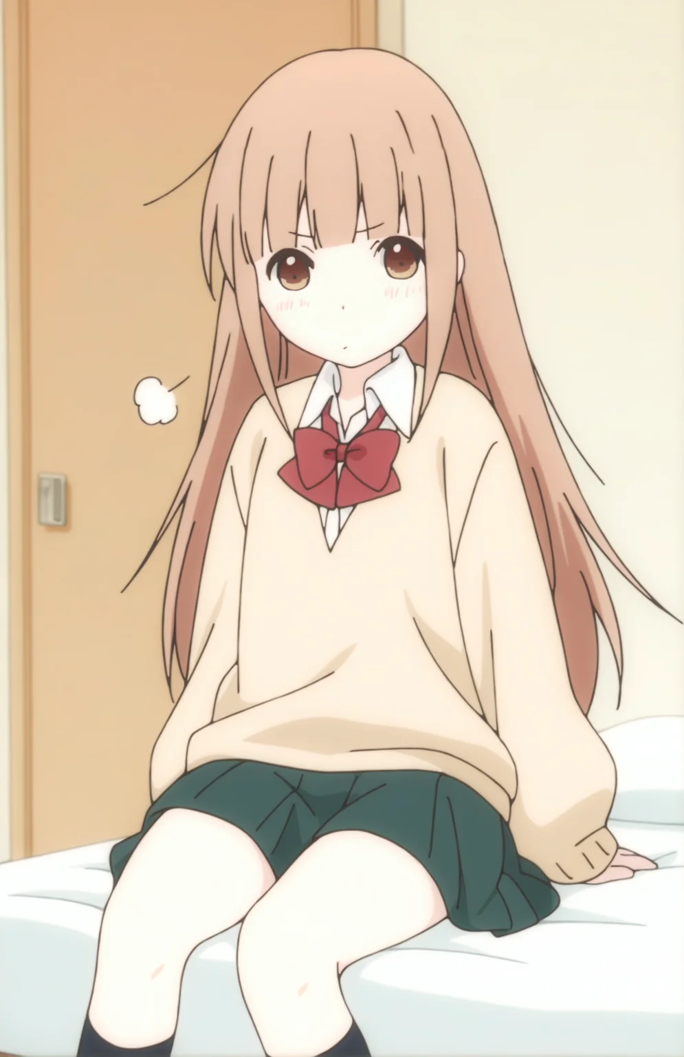 MiyanoTan, 1girl, solo, long hair, brown hair, brown eyes, school uniform, beige top, bow, green skirt, sitting on bed, bedroom, sigh