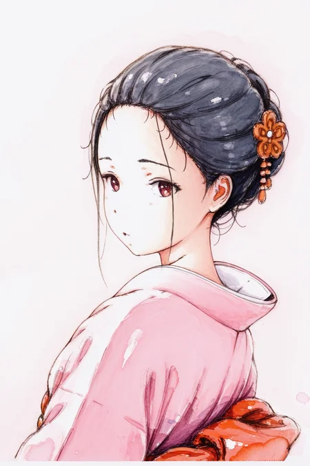 masterpiece, best quality, amazing quality,
<lora:Bbmasa_IL:1> bbmasa, 1girl, solo, japanese clothes, kimono, traditional media, hair ornament, looking at viewer, black hair, upper body, looking back, simple background, forehead, sketch, colored pencil (medium), watercolor (medium), painting (medium),
