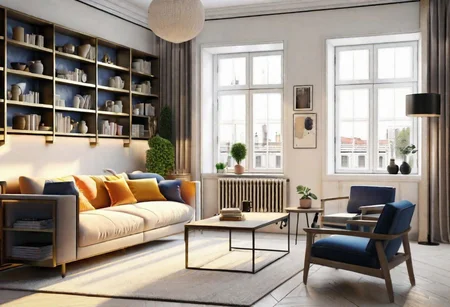 ((front view)), ((animation style)), modern-style interior, with white walls, (large windows), Nordic-style furniture, a  study, Sofa, coffee table, bookcase, single wall, 
warm light morning sun, (the view of the city)