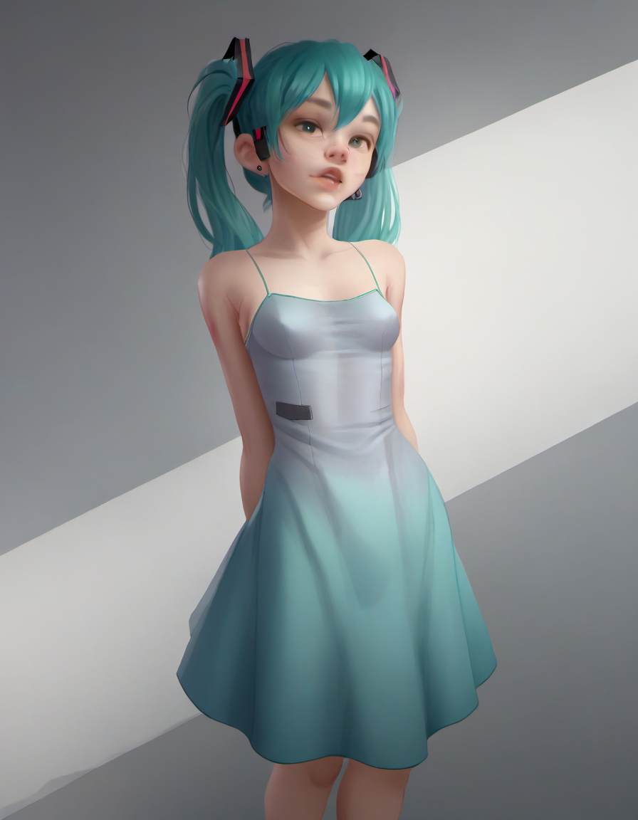 zPDXL, zPDXLxxx, score_9, score_8_up, score_7_up, score_6_up, score_5_up, score_4_up, BREAK  <lora:Tiltedã­ãª_for_PonyXL_r1:1>, tilted \(artist\), 1girl, solo, hatsune miku, blue hair, dress, jewelry, earrings, medium breasts, blue eyes, bright, looking at viewer, hands behind back
