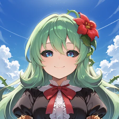 <lora:ChamIllustriousBackgroundEnhancer:0.5> <lora:illustrious_quality_modifiers_masterpieces_v1:0.8> , masterpiece, very aesthetic, absurdres, best quality, amazing quality, high resolution, newest, very awa, scenery, volumetric lighting, solo, looking at viewer, <lora:ToraIllustrious:0.8> , tordef, 1girl, solo, long hair, green hair, black sclera, blue eyes, hair flower, neck ribbon, center frills, black dress, frilled dress, gold trim, juliet sleeves, yellow armlet, spiked armlet, close-up, face, portrait, vines, exterior, blue sky, clouds, smile,