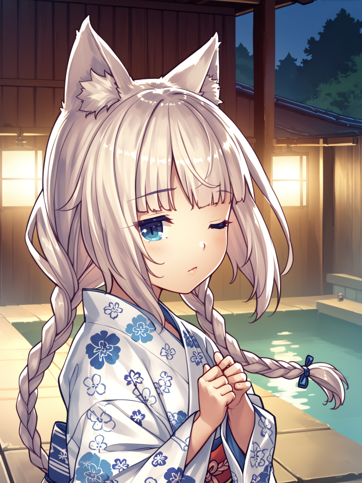 <lora:happy_tentacle-vanilla-v0.1-000010:0.9>, ht_vanilla, bath yukata, japanese clothes, kimono, braid, twin braids, sash, obi, floral print, wide sleeves, onsen , 1girl, solo, portrait , , wince , , looking at viewer , , from side , score_9, score_8_up, score_7_up, score_6_up, score_5_up, score_4_up