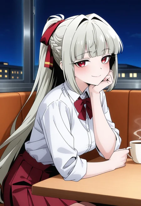 score_9, score_8_up, score_7_up, best aesthetic, masterpiece, best quality, very awa, absurdres, 4k, mahoushostyle,
BREAK, [1girl, Grey hair, red eyes, long hair, medium breasts, blunt bangs, braid, ponytail, messy hair, hair intakes,].
BREAK, School uniform, white shirt, red skirt, hair ribbon,
BREAK, cafeteria, night, window, sitting, cup of coffee on the table, looking at viewer, smile, head rest, arm support