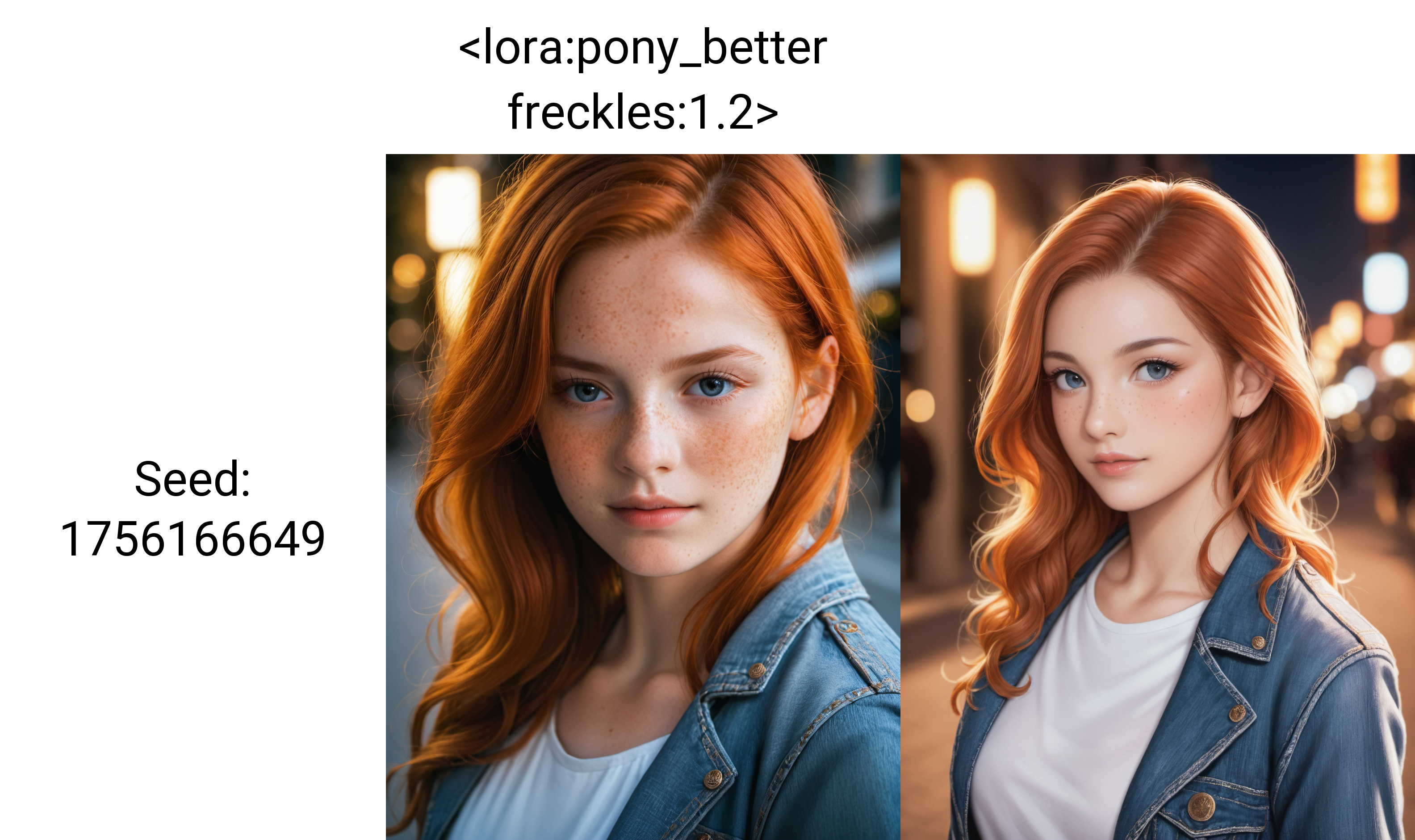 score_9, score_8_up, score_8, 1girl, 25 years old, long wavy ginger hair, with freckles, close-up portrait, a gorgeous young woman, with long flowing hair, elegant, white T-shirt, denim jacket, walking in a street of Paris at night, vintage colors, focus on her perfect beautiful face and make up, at midnight, photorealistic, bokeh, field of view, highly detailed, dramatic lighting, canon 5D Mark IV, photography, in frame <lora:Pony_DetailV2.0:1> <lora:pony_better freckles:1.2>