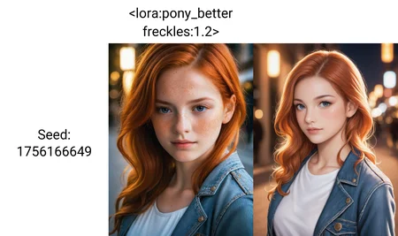 score_9, score_8_up, score_8, 1girl, 25 years old, long wavy ginger hair, with freckles, close-up portrait, a gorgeous young woman, with long flowing hair, elegant, white T-shirt, denim jacket, walking in a street of Paris at night, vintage colors, focus on her perfect beautiful face and make up, at midnight, photorealistic, bokeh, field of view, highly detailed, dramatic lighting, canon 5D Mark IV, photography, in frame <lora:Pony_DetailV2.0:1> <lora:pony_better freckles:1.2>