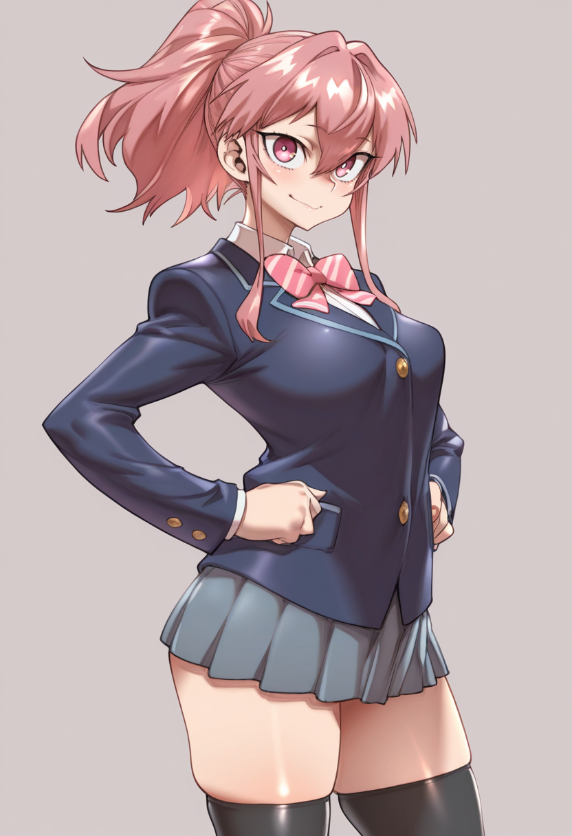 masterpiece, best quality,
 <lora:Zunta:1> Z0nt4,  1girl, solo,standing,looking at viewer, happy, closed mouth,pink hair, ponytail, pink eyes,school uniform, bow, long sleeves, skirt, skindentation, thighhighs,