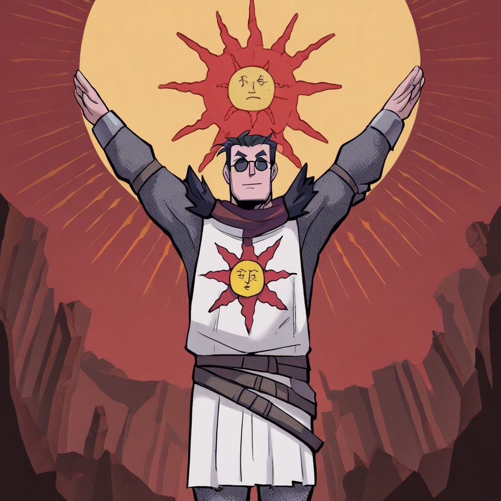 masterpiece, best quality, newest, absurdres, highres,  anime, anime style, PraiseTS-V1.0, \o/,  outstretched arms, praise the sun,  arms up, 1boy, helltaker \(helltaker\), black hair, short hair, muscular, muscular male,
sunglasses, glasses, 
SOA-ARMOR-V1.0, armor, sun symbol, chainmail, full armor,