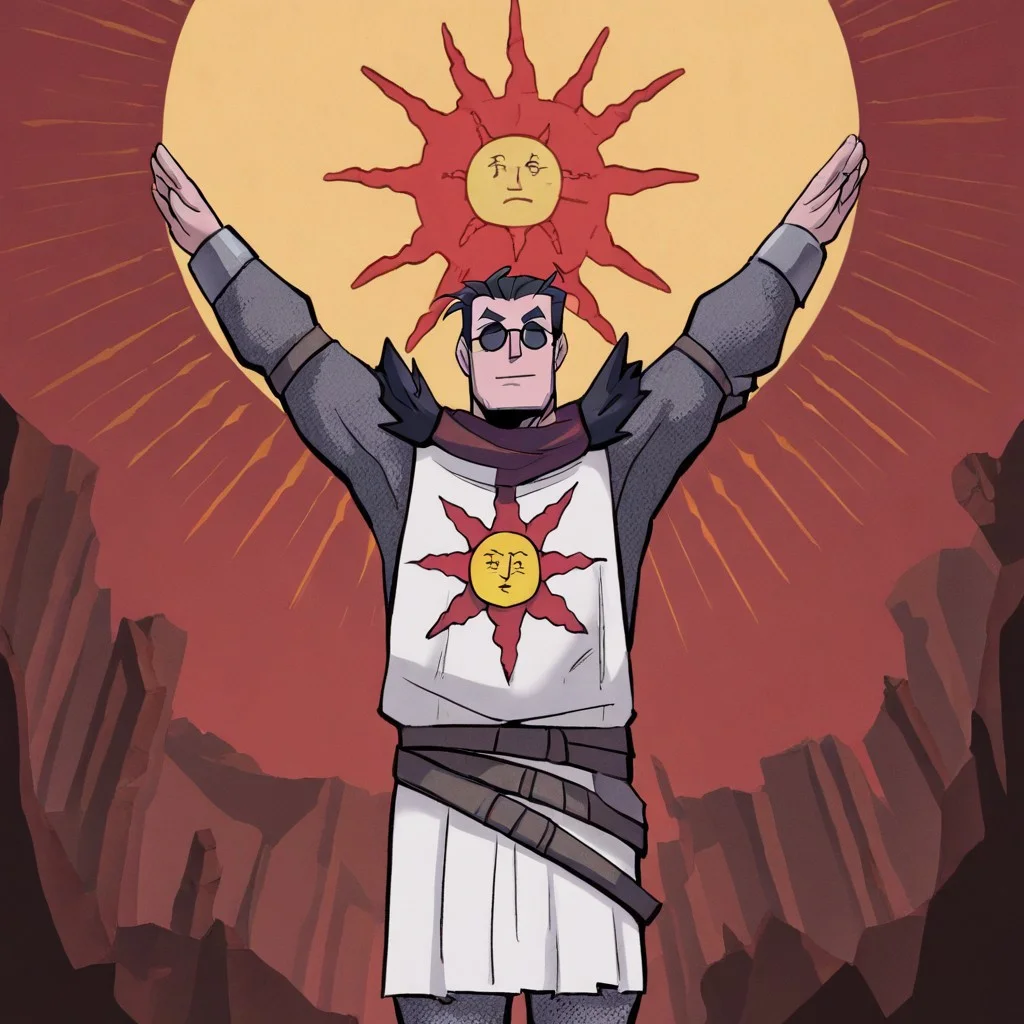 masterpiece, best quality, newest, absurdres, highres, anime, anime style, PraiseTS-V1.0, \o/, outstretched arms, praise the sun, arms up, 1boy, helltaker \(helltaker\), black hair, short hair, muscular, muscular male,
sunglasses, glasses,
SOA-ARMOR-V1.0, armor, sun symbol, chainmail, full armor,