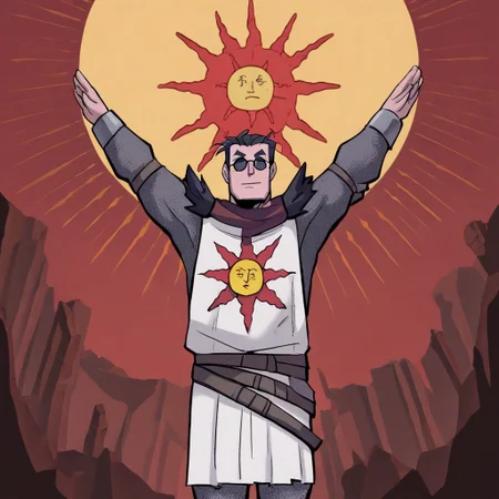 masterpiece, best quality, newest, absurdres, highres, anime, anime style, PraiseTS-V1.0, \o/, outstretched arms, praise the sun, arms up, 1boy, helltaker \(helltaker\), black hair, short hair, muscular, muscular male,
sunglasses, glasses,
SOA-ARMOR-V1.0, armor, sun symbol, chainmail, full armor,