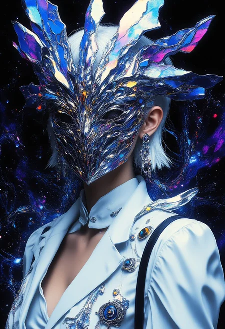 A hyper-realistic close-up portrait, rendered in HD, 8K, showcasing a woman’s face partially concealed by an abstract chrome mask. The mask features intricate shattered silver crystal formations, with jagged spikes radiating outward like frozen lightning, exuding a dramatic and futuristic elegance. She wears a structured white avant-garde suit with exaggerated shoulder pads and delicate embroidery mimicking frost patterns, adding a touch of surreal sophistication. Her short, spiked white hair creates a striking contrast against her pale, porcelain-like skin, enhancing her bold and ethereal aura. The background is a mesmerizing cosmic expanse, with black and violet accents interwoven with shimmering stars and glowing nebulae that swirl in intricate patterns, evoking a sense of infinite wonder. The dramatic lighting highlights the reflective brilliance of her mask and the fine details of her attire, blending her surreal presence seamlessly with the celestial, otherworldly atmosphere.