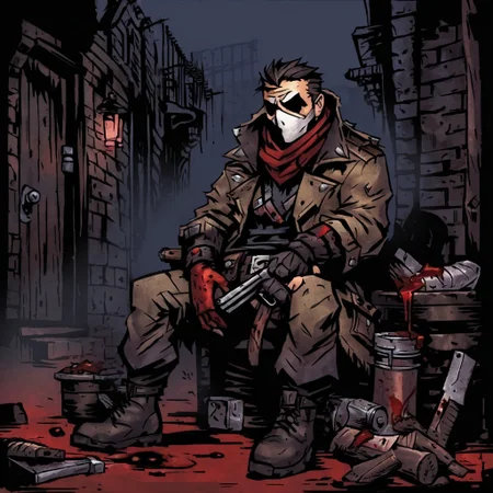 high-definition 8k comicish artwork in dgst artstyle of a bandit, (rough coat, bandana covering face, guns and knives, blood, dark alley