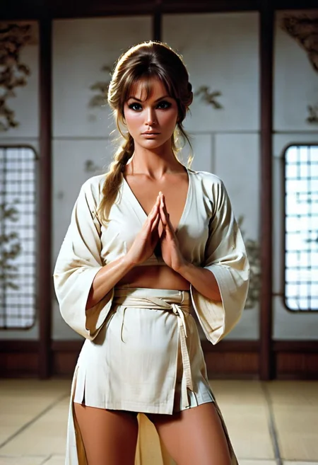 Futuristic Czech Sci-fi films, Vintage, Three Wishes for Cinderella (1973),, Oldschool 70s Karate movie, Japan, Matrix Fighting stance, Power force Aura, fighting Pose, Simple color Palette, Hd, very Detailed, awesome Quality, Busty, Cleavage, Happy, White linen hanfu raiden Like Outfit, sedge hat, feudal dojo, dust in the Air, moody Dusty light, Bruce Lees iconic posing fighting frame, Motion Emitter From fists up, feudal dojo