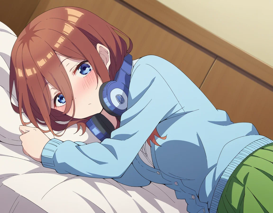 score_9, score_8_up, score_7_up, source_anime,
mikunakano, <lora:miku-nakano-s2-ponyxl-lora-nochekaiser:1>,
miku nakano, long hair, bangs, blue eyes, brown hair, shirt, hair between eyes, headphones, cardigan, headphones around neck,
skirt, shirt, long sleeves, white shirt, pantyhose, pleated skirt, black pantyhose, cardigan, green skirt, blue cardigan,
indoors, bed, bed room, on side, blush, drunk,
looking at viewer, cowboy shot, dutch angle, solo,