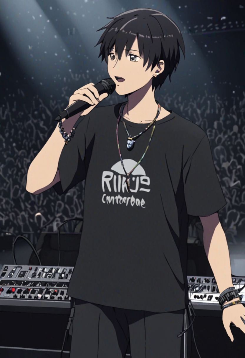 Highres, Masterpiece, High Quality, 4K, 8K, solo, 1Boy, Takaki Toono, adult, black hair, short hair, idol, singing, big stage, spotlight, virtual concert, microphone, cable, musical instrument, speaker, equalizer, synth, enthusiast, necklace, bracelet, ring, watch, anklet, earrings, easynegative, detailed_eye_model