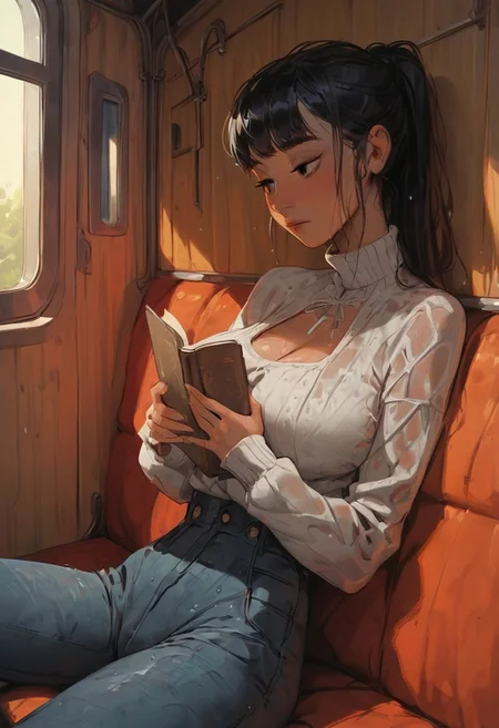 score_9, score_8_up, score_7_up, score_6_up, score_5_up, score_4_up,  1girl,  white whool pullover, blond fringed hair, wet ponytail,  gorgeous girl, cute face, bangs, large saggy breasts, (holding book with one hand), (slim fit), pose, boob focus, closeup, boobs squeezed together, sit in a train, train cabin, train window background, high waist jeans pants, (jeans pants), (((touching crotch))), cleavage, ((reading)), black hair, legs apart, ((wet crotch)),