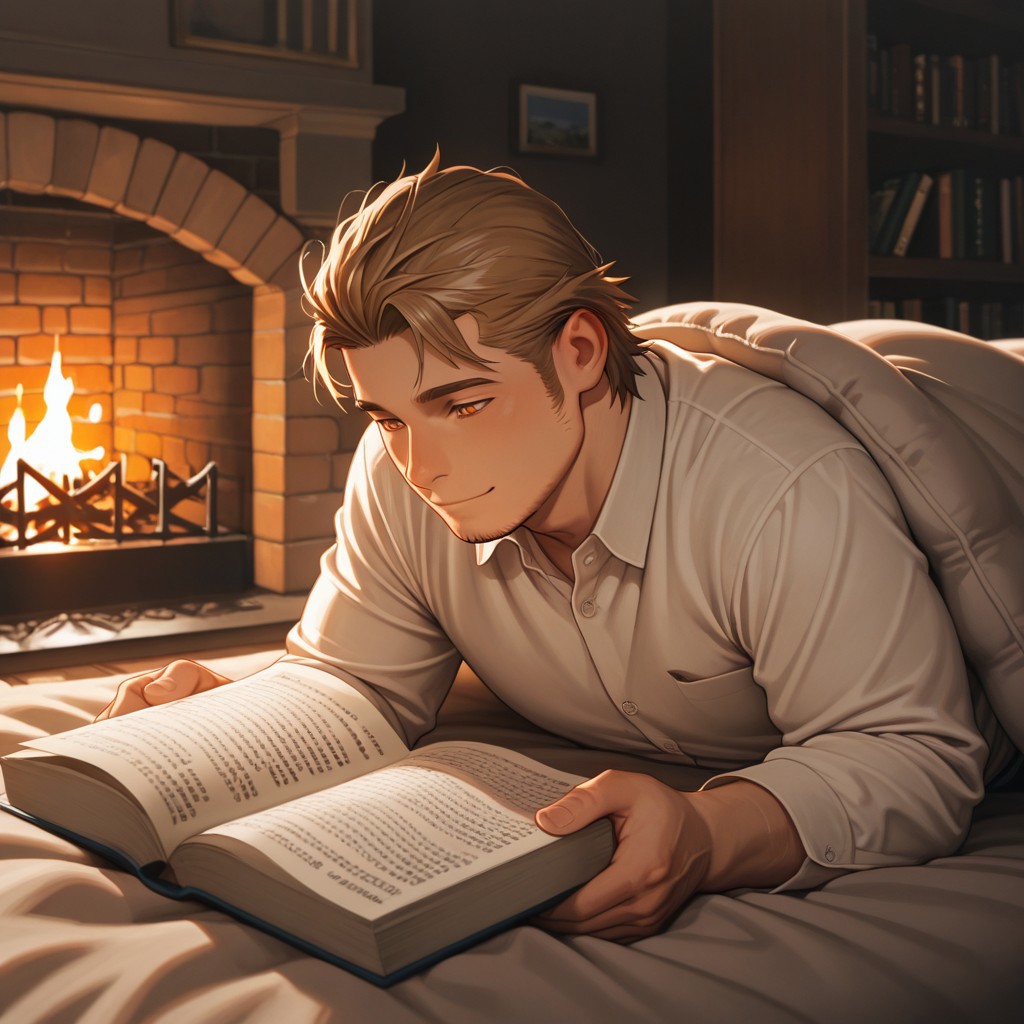 masterpiece, best quality, amazing quality, absurdres, newest, detailed background, definition so sharp, Ultra-HD, 8K cinematic, very awa, impressionate, amazing quality, highres, 
solo, male focus, manly, plump, shadow, shiny skin,
ekusoushizumu, ekusou_brunette, ekusou_orange eyes, 1boy, short hair, sideburns, stubble, cozy, warm_lighting, fireplace, soft_blanket, book_reading, hot_drink, peaceful, relaxed, hygge, indoor, gentle_smile, natural_light