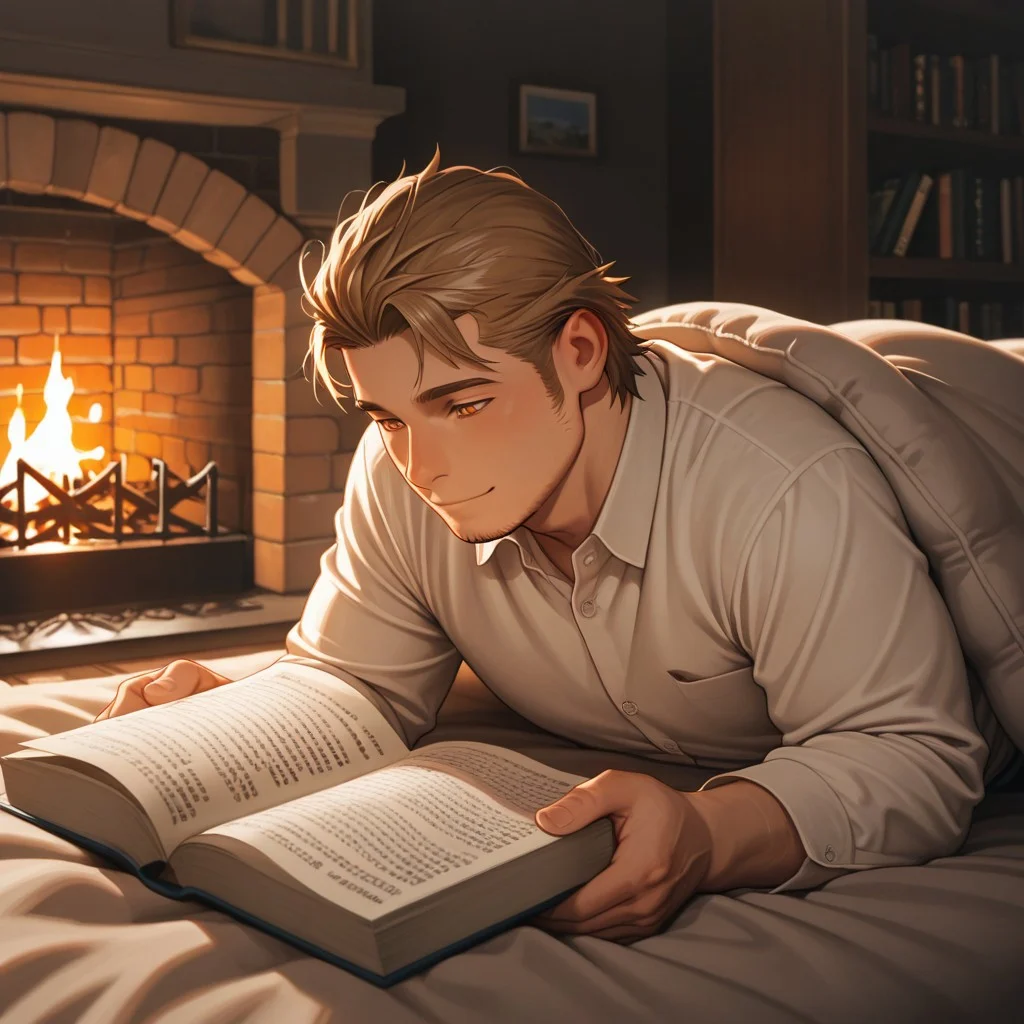 masterpiece, best quality, amazing quality, absurdres, newest, detailed background, definition so sharp, Ultra-HD, 8K cinematic, very awa, impressionate, amazing quality, highres,
solo, male focus, manly, plump, shadow, shiny skin,
ekusoushizumu, ekusou_brunette, ekusou_orange eyes, 1boy, short hair, sideburns, stubble, cozy, warm_lighting, fireplace, soft_blanket, book_reading, hot_drink, peaceful, relaxed, hygge, indoor, gentle_smile, natural_light