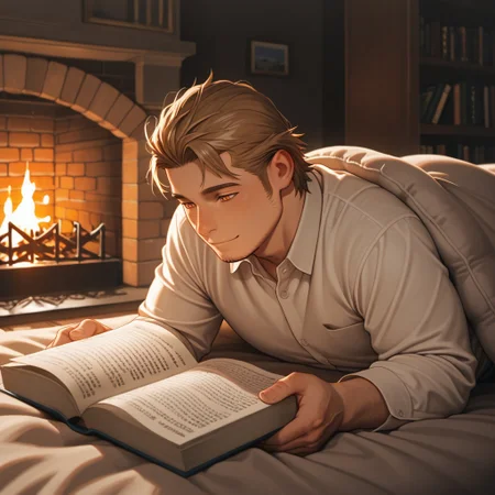 masterpiece, best quality, amazing quality, absurdres, newest, detailed background, definition so sharp, Ultra-HD, 8K cinematic, very awa, impressionate, amazing quality, highres,
solo, male focus, manly, plump, shadow, shiny skin,
ekusoushizumu, ekusou_brunette, ekusou_orange eyes, 1boy, short hair, sideburns, stubble, cozy, warm_lighting, fireplace, soft_blanket, book_reading, hot_drink, peaceful, relaxed, hygge, indoor, gentle_smile, natural_light
