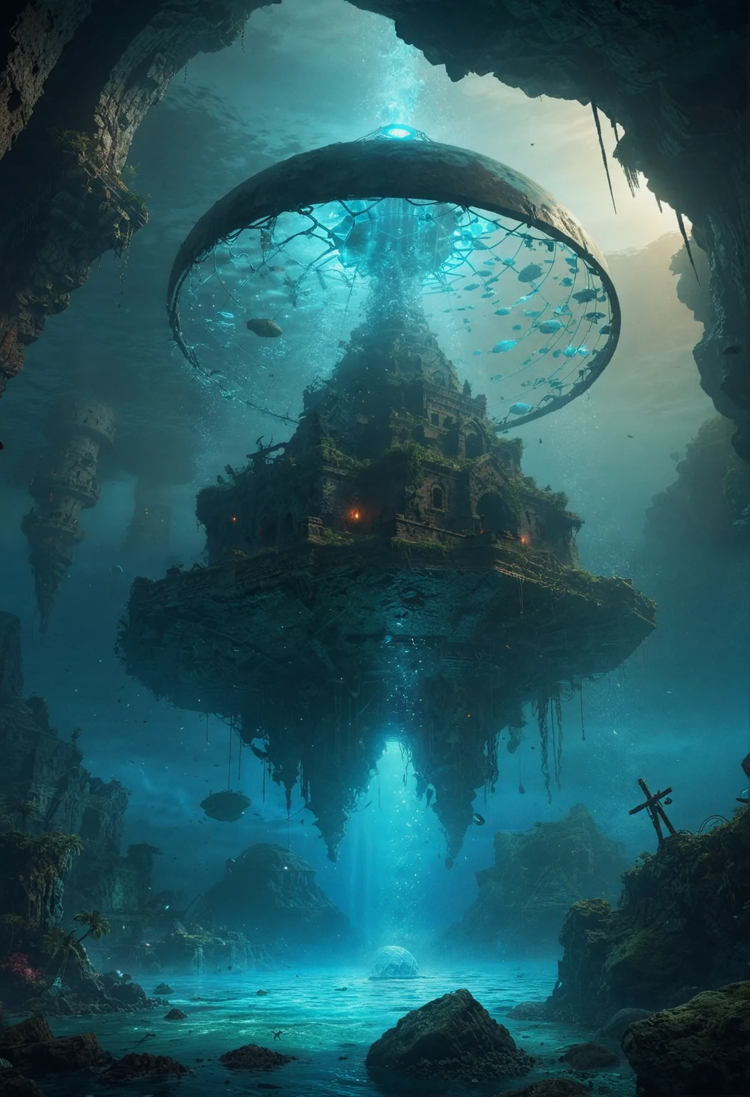 A fantasy picture featuring a submerged scenery with a scifi energy dome structure with hexagonal patterns on its surface and wires of bioluminescent light reaching upwards, with a pyramidal structure in the sub-oceanic depths, surrounded by the crumbling ruins of an ancient civilization. Wonder is permeating the surroundings. The picture's style is playful, magical as well as epic. The color palette is characterized by colorful tones.