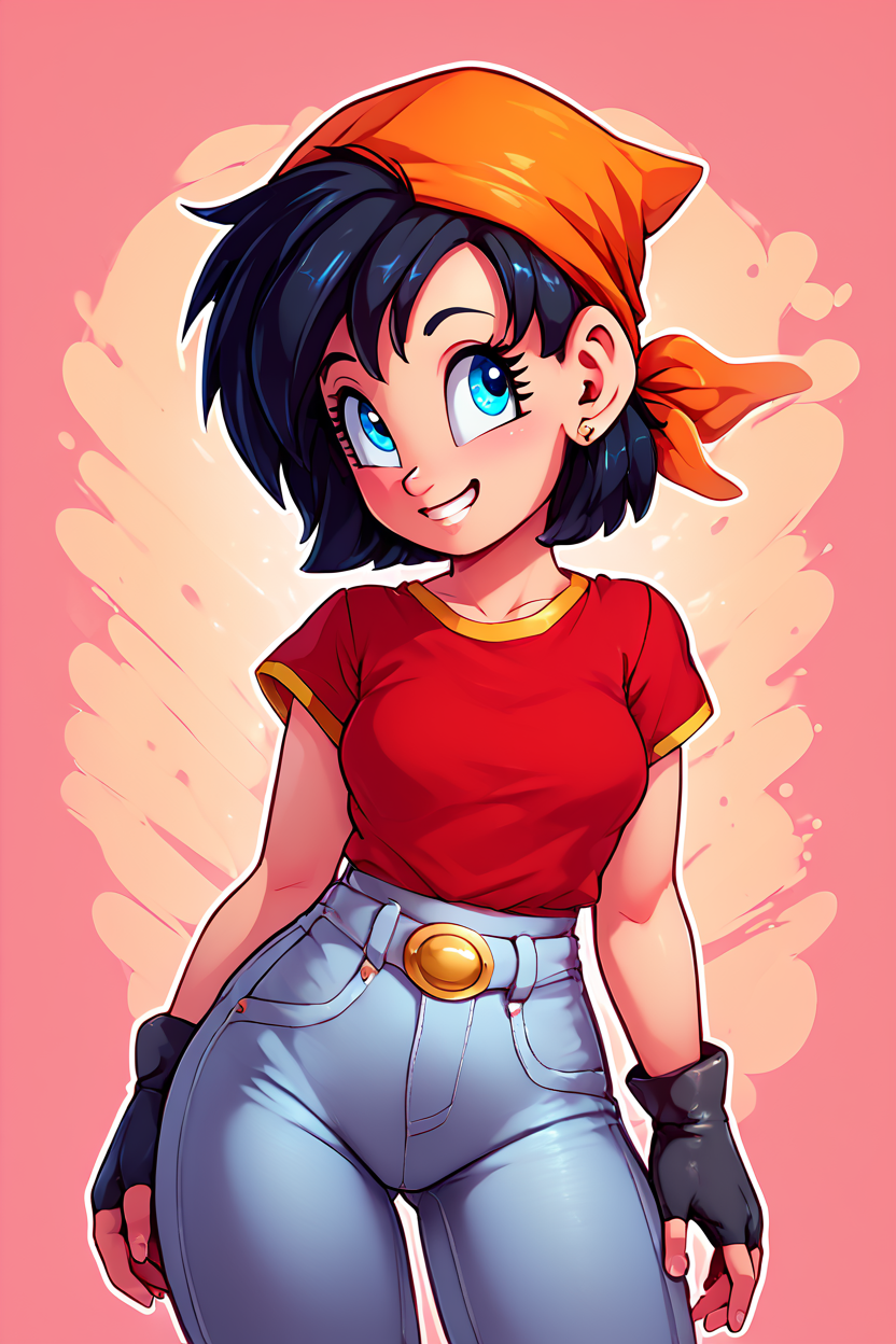 score_9, score_8_up, score_8, medium breasts, (curvy), cute, eyelashes,       BREAK, , zzPan, black hair, short hair, bandana, gloves, fingerless gloves, red shirt, denim pants,  <lora:Pan_Dragonball_PDXL:0.8>, , BREAK, smile, looking at viewer,  abstract background, white outline, cowboy shot, embedding:zPDXL, Expressiveh, <lora:theOtherHalfPDXL:0.8>,  <lora:CatalystStylePDXL:0.6>,  <lora:SDXLFaeTastic2400:0.5>,  <lora:Expressive_H-000001:0.4>,