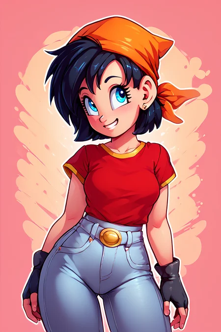score_9, score_8_up, score_8, medium breasts, (curvy), cute, eyelashes, BREAK, , zzPan, black hair, short hair, bandana, gloves, fingerless gloves, red shirt, denim pants, <lora:Pan_Dragonball_PDXL:0.8>, , BREAK, smile, looking at viewer, abstract background, white outline, cowboy shot, embedding:zPDXL, Expressiveh, <lora:theOtherHalfPDXL:0.8>, <lora:CatalystStylePDXL:0.6>, <lora:SDXLFaeTastic2400:0.5>, <lora:Expressive_H-000001:0.4>,