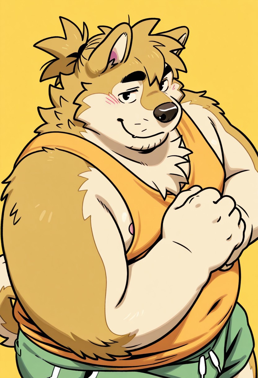 yellow theme, yellow background, solo, 1boy, anthro dog, shiba, light cream fur, golden fur, two tone fur, tied hair, black eyes, black eyebrows, furry tail, curved tail, short ears, black nose, belly, chubby, fat, overweight, orange tank top, green shorts, BREAK (fist in hand) face focus, upper body, looking at viewer, from above