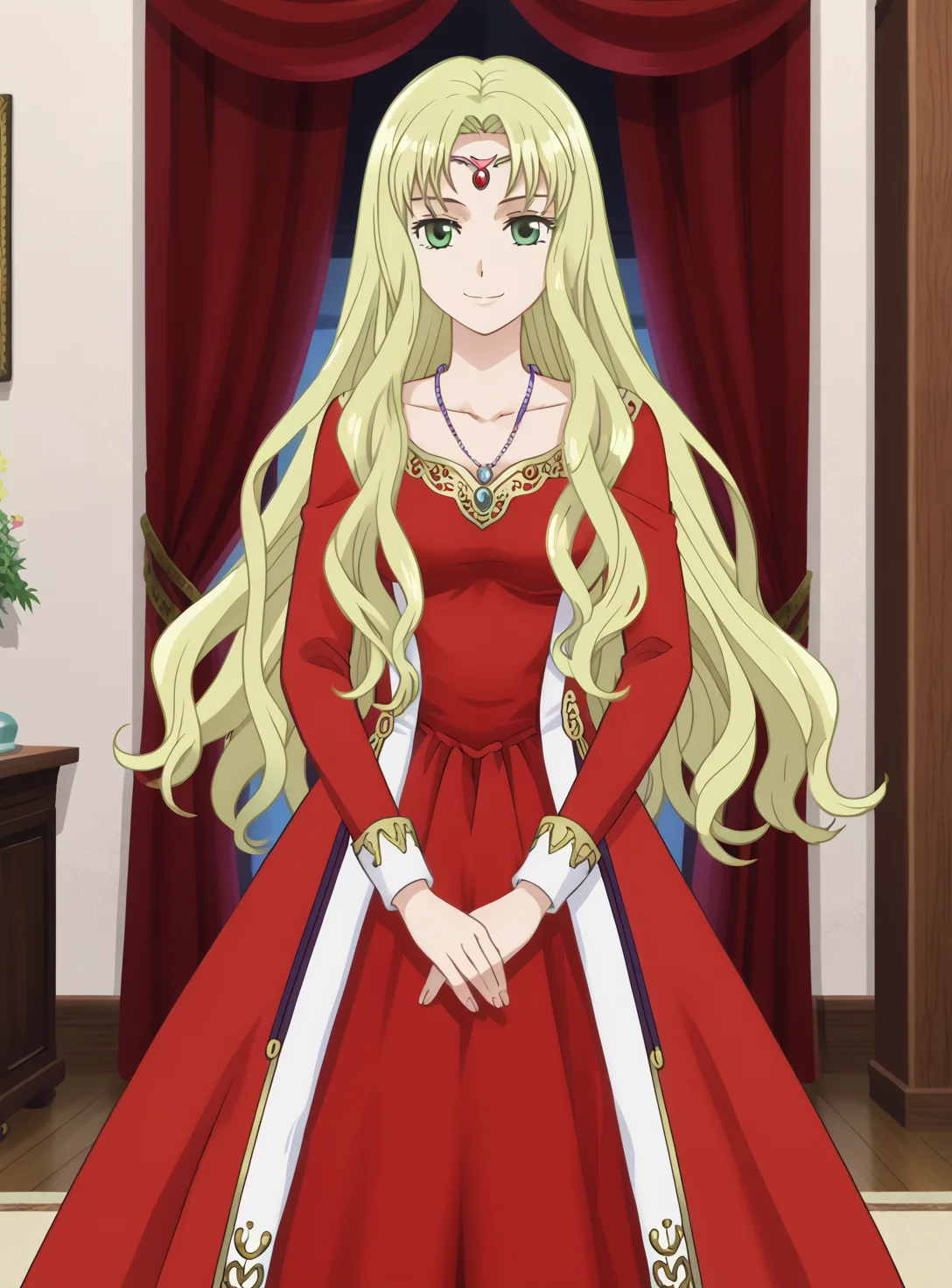 solo, 1girl,anime screencap,
<lora:Guinevere0.3:0.85>
GuineverePrincess,,red dress, long hair,red long dress,
From front,
indoors, looking at viewer,smile, cowboy shot, <lora:Anime_Screencap:1>