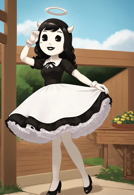 (Masterpiece, best quality:1.2), score_9, score_8_up, flat color, flat shading, soft shading, lighting, Alice Angel in a 1950's dress with a button down top, a fluffy frilly ruffled full petticoat, and high heels, dress, layered petticoat, frilly petticoat, fluffy petticoat, full petticoat, wide dress, flowing dress, long skirt, solid colored skirt, short sleeves, black hair, Bendy and The Ink Machine, series accurate, cute, best high quality, high res, black lips, white colored skin, whole body shot, 1girl, solo, outside, standing straight, in a garden, cute, adorable, smile, low angle shot, cartoon, cartoon style, vector, solo, circle dress, 1950s, alice angel