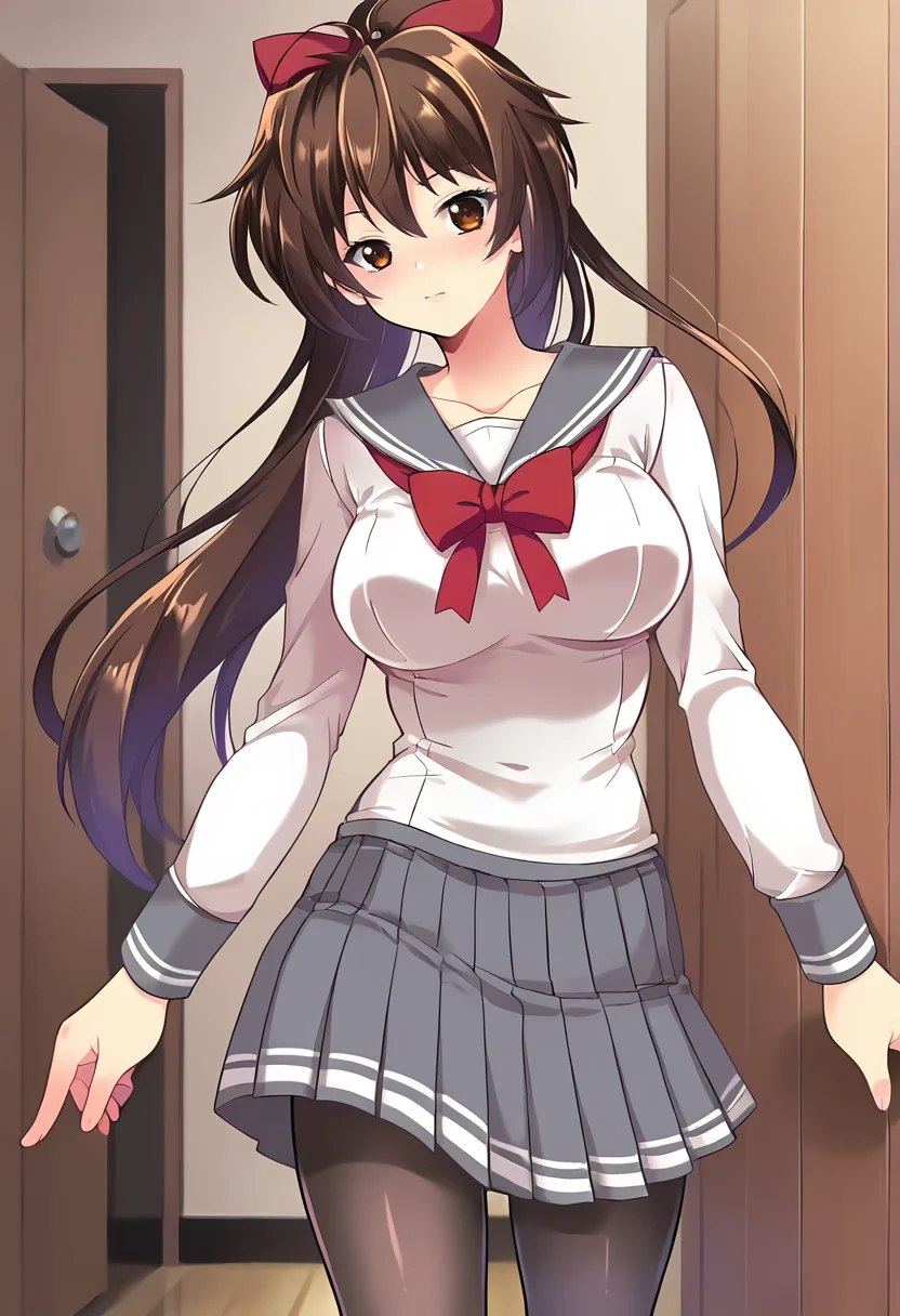score_9, score_8_up, score_7_up, masterpiece, 1girl, source_anime BREAK 1girl, ct mor1, brown hair, brown eyes, high ponytail, large breasts, red bow, white shirt, puffy long sleeves, grey sailor collar, red bowtie, grey skirt, black pantyhose, thighs, looking at viewer, indoors, wooden wall, cowboy shot, <lora:MorisakiYui_Pony_ct-000011:1>
