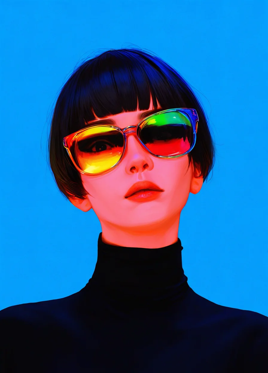 realistic,
masterpiece, best quality, amazing quality, highres, absurdres, very aesthetic, very awa,expert shading, ultra detailed, UHD, 8K,
BREAK,
N3onSp3ctra, 1girl, solo, sunglasses, short hair, blue background, portrait, bangs, turtleneck, blunt bangs, tinted eyewear, upper body, head tilt, seductive vibes, low angle, face focus, colorful, dramatic lighting