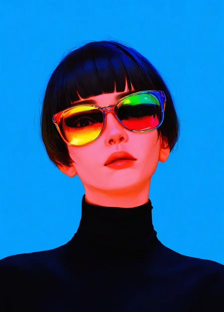 realistic,
masterpiece, best quality, amazing quality, highres, absurdres, very aesthetic, very awa,expert shading, ultra detailed, UHD, 8K,
BREAK,
N3onSp3ctra, 1girl, solo, sunglasses, short hair, blue background, portrait, bangs, turtleneck, blunt bangs, tinted eyewear, upper body, head tilt, seductive vibes, low angle, face focus, colorful, dramatic lighting